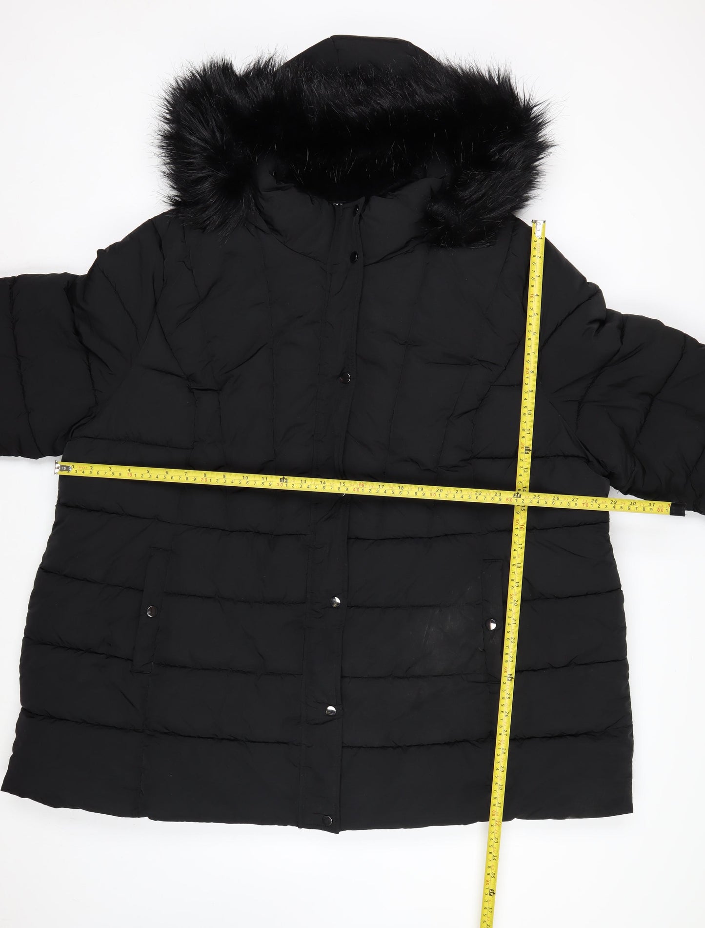 Yours Women's Black Long Puffer Coat Faux Fur Hood Plus Size 30-32