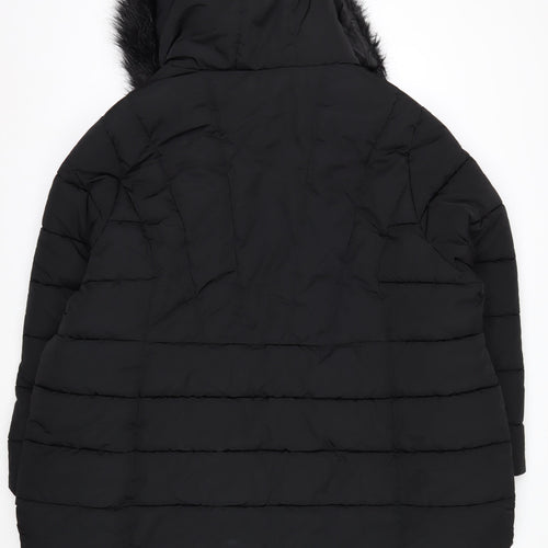 Yours Women's Black Long Puffer Coat Faux Fur Hood Plus Size 30-32