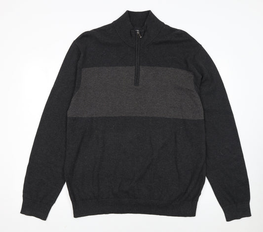Tu Men's Grey XL 1/2 Zip Cotton High Neck Jumper