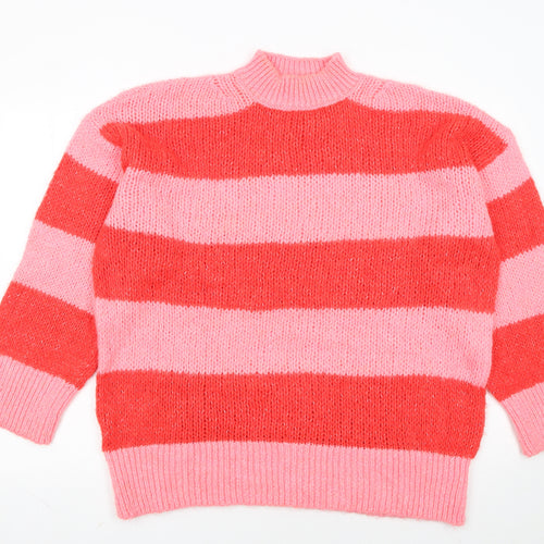 MNG Women Pink Red Striped Chunky Knit Mock Neck Pullover Jumper L