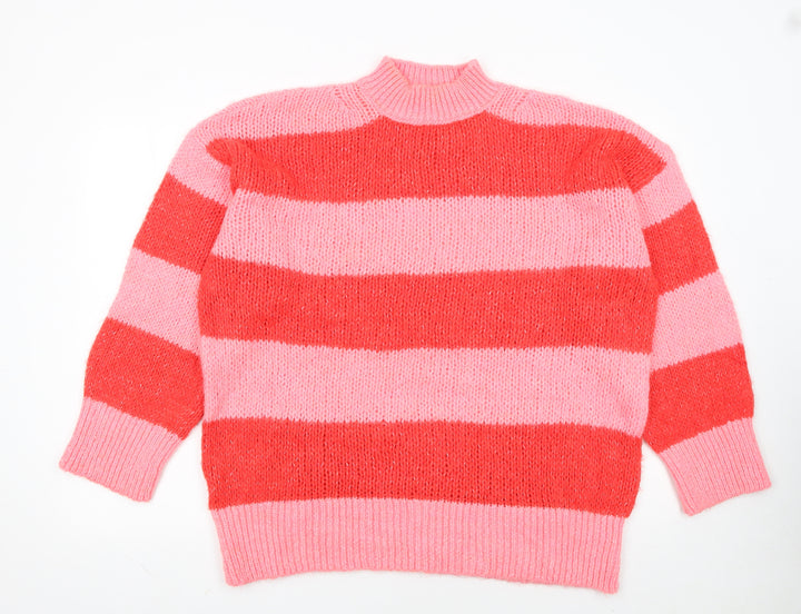 MNG Women Pink Red Striped Chunky Knit Mock Neck Pullover Jumper L