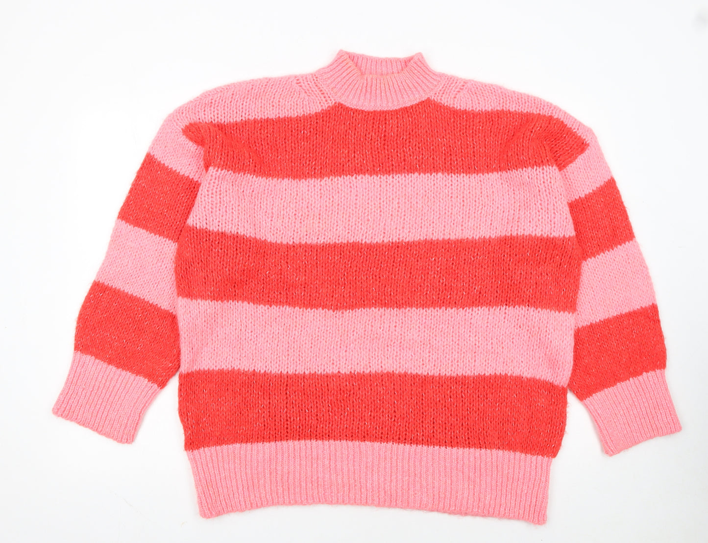 MNG Women Pink Red Striped Chunky Knit Mock Neck Pullover Jumper L