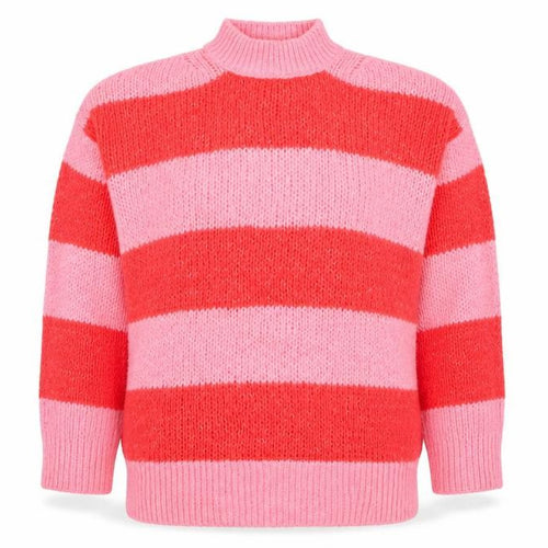 MNG Women Pink Red Striped Chunky Knit Mock Neck Pullover Jumper L