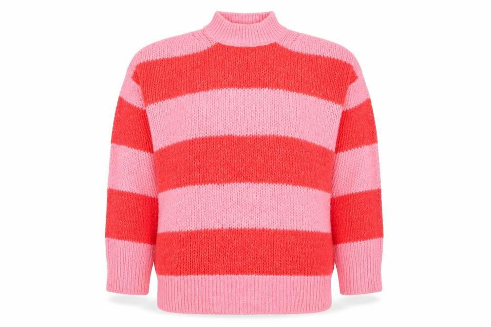 MNG Women Pink Red Striped Chunky Knit Mock Neck Pullover Jumper L