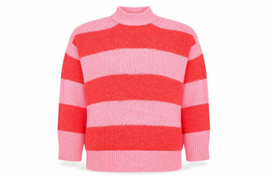 Front view of Mango Women Pink Red Striped Chunky Knit Mock Neck jumper L