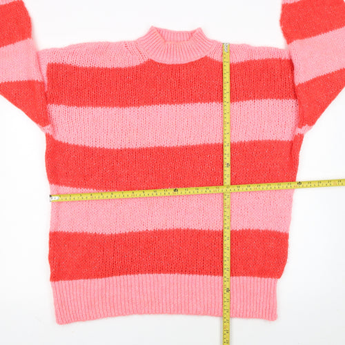 MNG Women Pink Red Striped Chunky Knit Mock Neck Pullover Jumper L