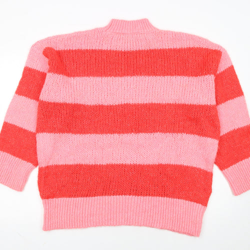 MNG Women Pink Red Striped Chunky Knit Mock Neck Pullover Jumper L