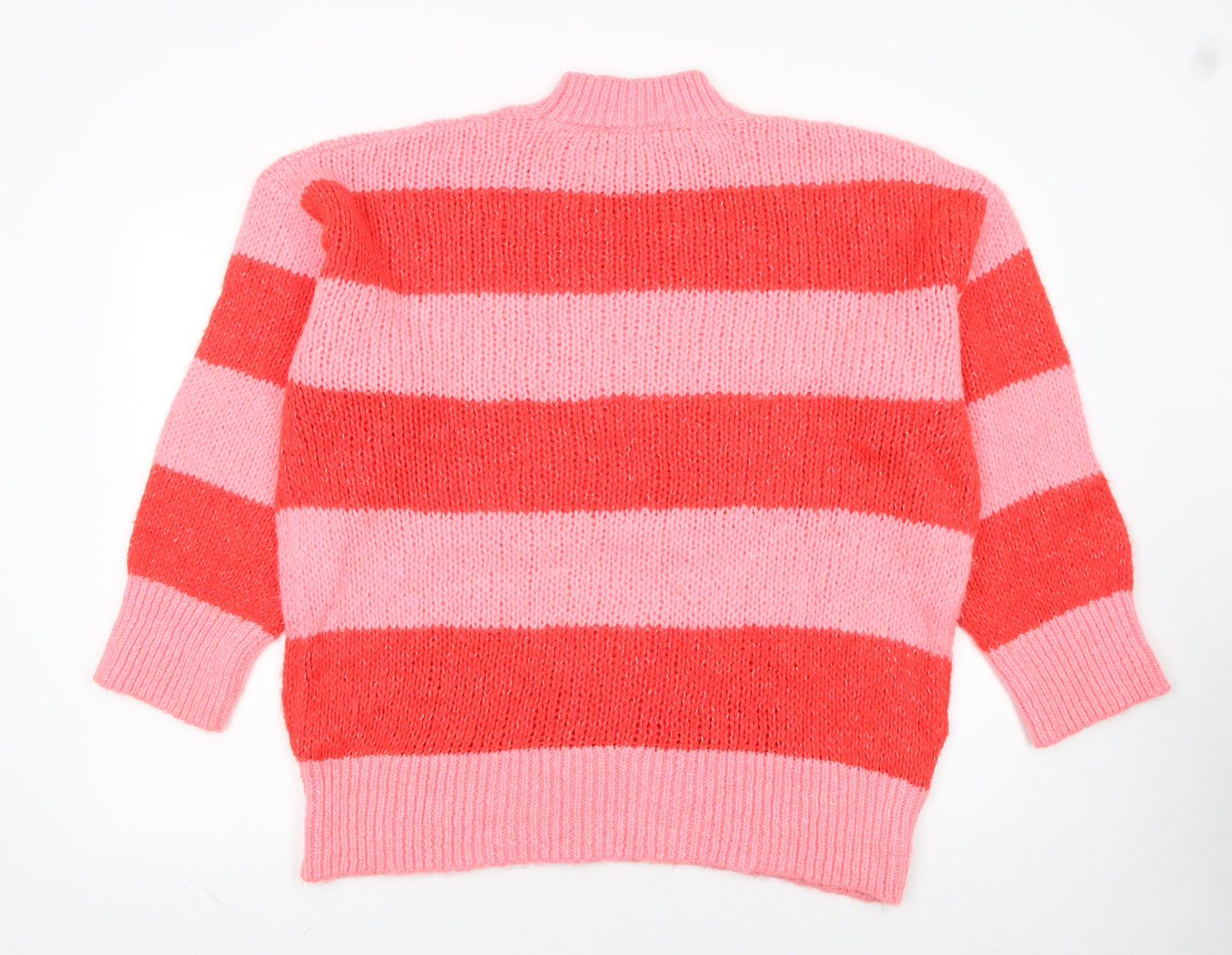 MNG Women Pink Red Striped Chunky Knit Mock Neck Pullover Jumper L