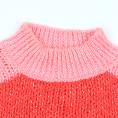 MNG Women Pink Red Striped Chunky Knit Mock Neck Pullover Jumper L
