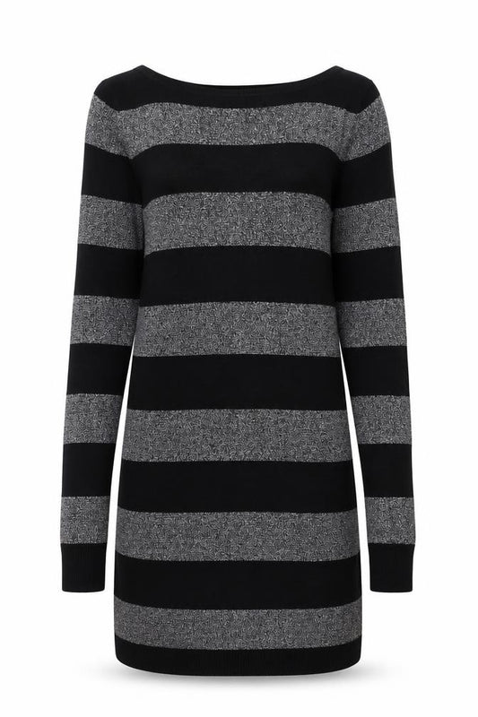Front view of Dorothy Perkins Women Black Striped Jumper Dress, size 10, Knit Long Sleeve