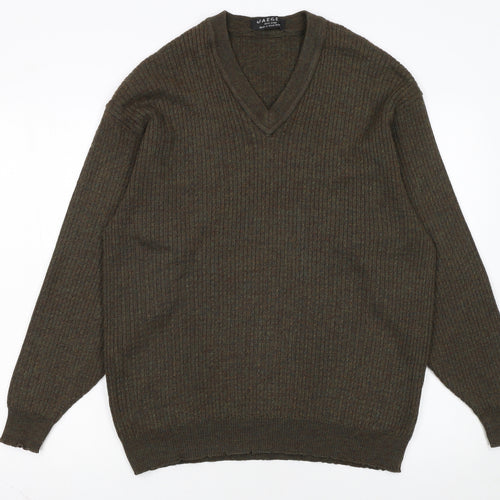Jaeger Men’s Brown Wool V-Neck Ribbed Jumper XL Made in Great Britain