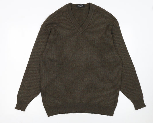 Jaeger Men’s Brown Wool V-Neck Ribbed Jumper XL Made in Great Britain