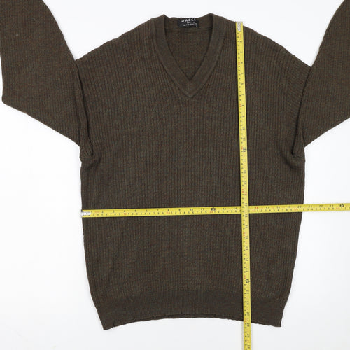 Jaeger Men’s Brown Wool V-Neck Ribbed Jumper XL Made in Great Britain