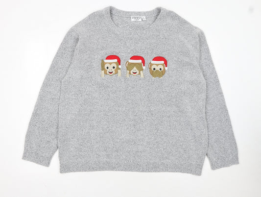Bravado Womens Grey XL Pullover Jumper With Christmas Monkeys