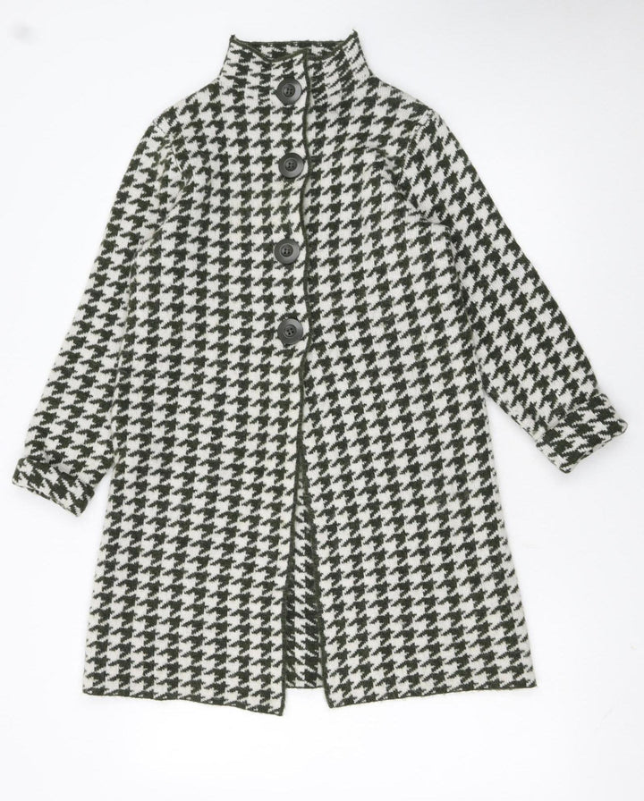 KENAR Womens Black White Houndstooth High Neck Button Cardigan S