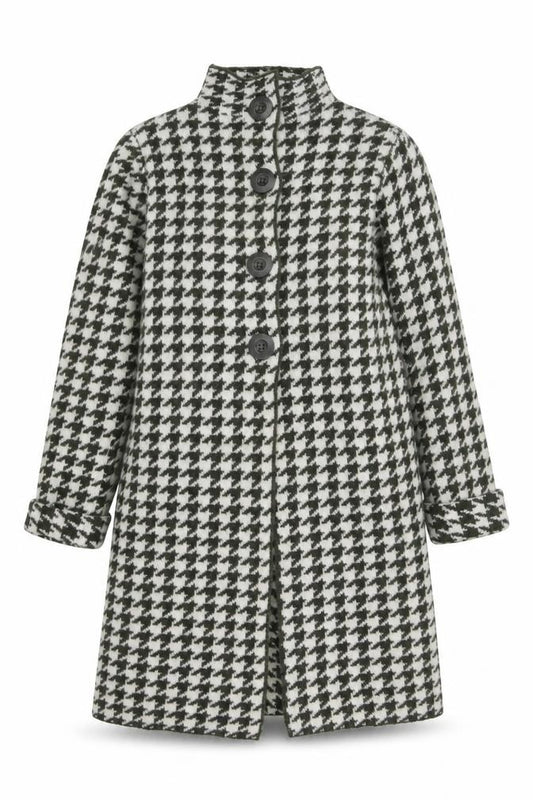 Front view of KENAR women’s black white houndstooth high neck button cardigan s