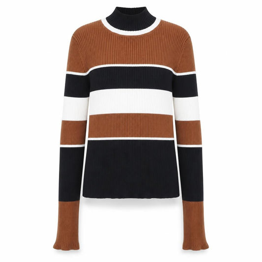 Front view of Forever 21 Women’s Multicoloured Ribbed High Neck Striped Jumper, size M