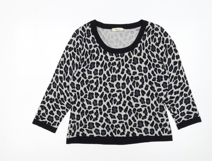 Precis Women Grey Leopard Print Scoop Neck Pullover Jumper Size S