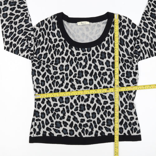 Precis Women Grey Leopard Print Scoop Neck Pullover Jumper Size S