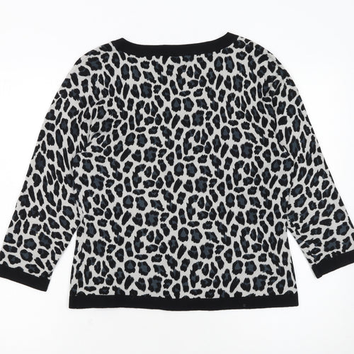 Precis Women Grey Leopard Print Scoop Neck Pullover Jumper Size S