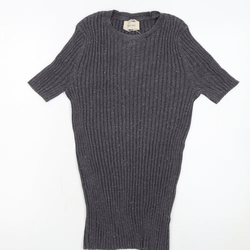 10018 NYC Women's Grey Ribbed Short Sleeve Knit Jumper Size S