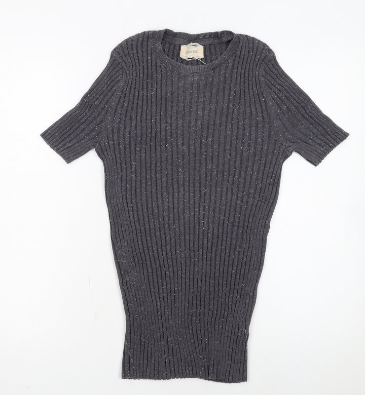 10018 NYC Women's Grey Ribbed Short Sleeve Knit Jumper Size S