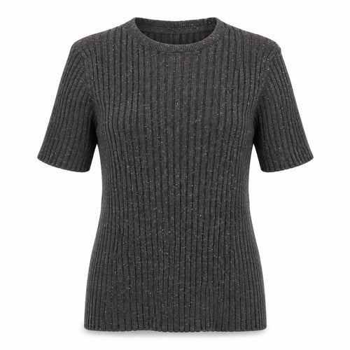 10018 NYC Women's Grey Ribbed Short Sleeve Knit Jumper Size S