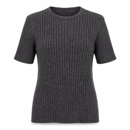 Front view of 10018 NYC Women's Grey Ribbed Short Sleeve Knit Jumper, size S