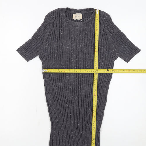 10018 NYC Women's Grey Ribbed Short Sleeve Knit Jumper Size S