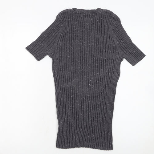 10018 NYC Women's Grey Ribbed Short Sleeve Knit Jumper Size S