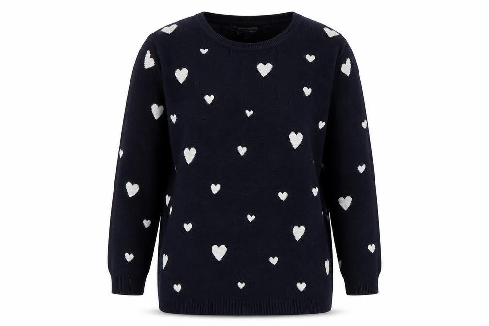 Front view of Monsoon Women's Blue Heart Knit Cotton Jumper, size 14