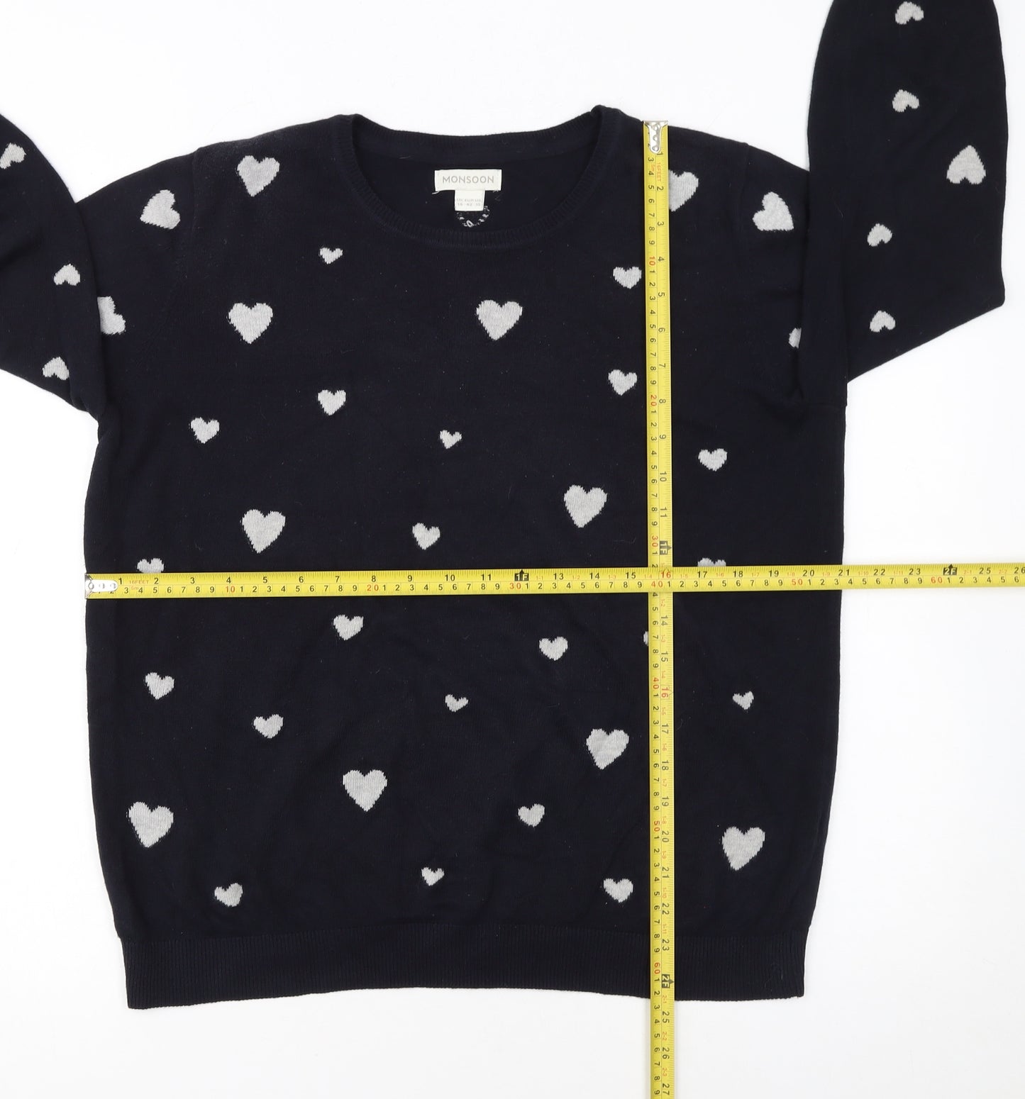 Monsoon Women's Blue Heart Knit Cotton Jumper Size 14