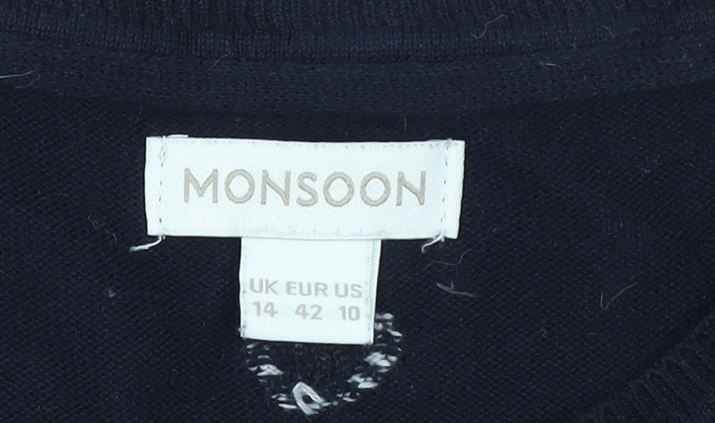 Monsoon Women's Blue Heart Knit Cotton Jumper Size 14