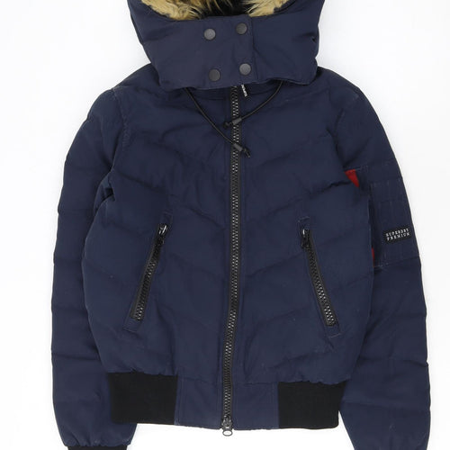 Superdry Women's Blue Size 6 Puffer Jacket with Faux Fur Hood