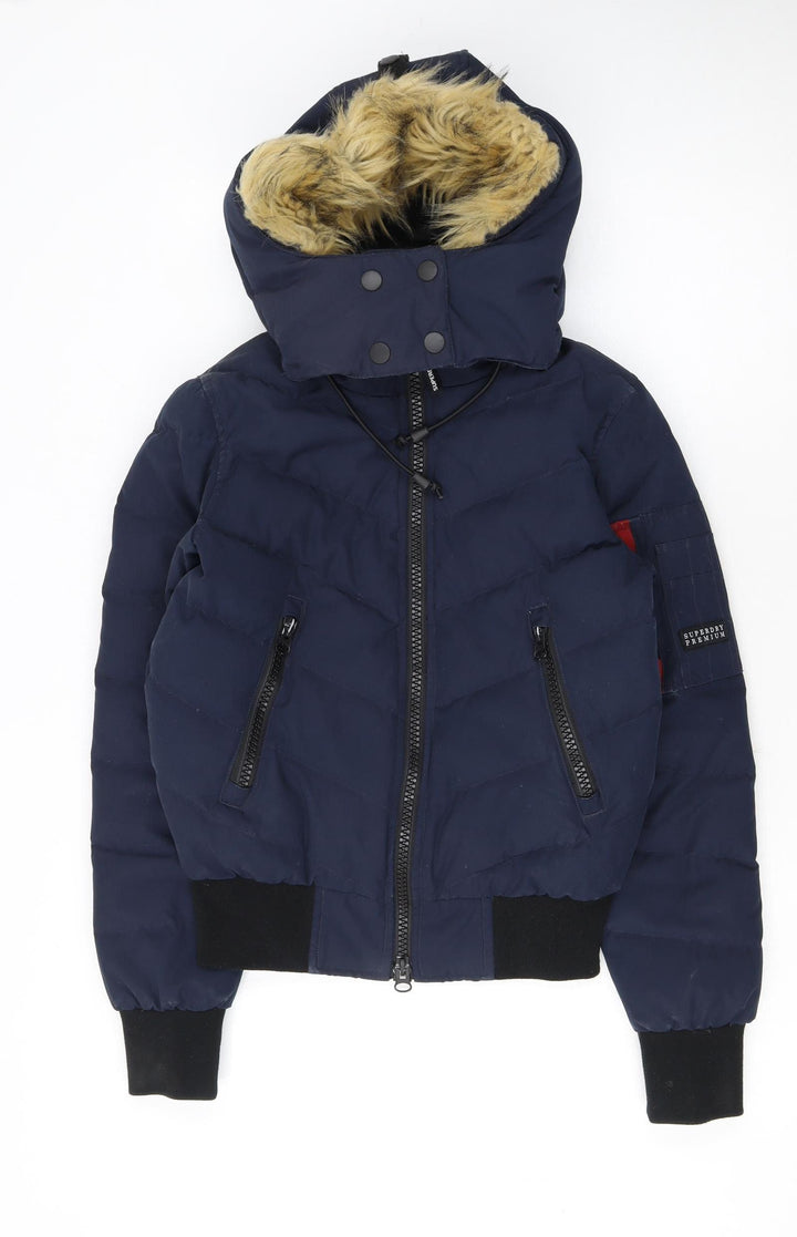 Superdry Women's Blue Size 6 Puffer Jacket with Faux Fur Hood