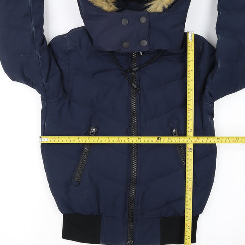 Superdry Women's Blue Size 6 Puffer Jacket with Faux Fur Hood