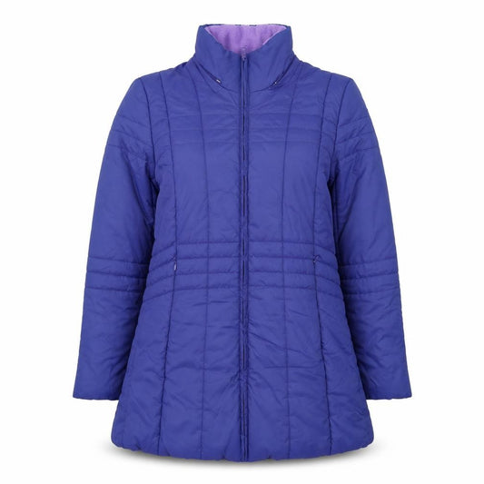 Front view of Damart Women Blue Mid-Length Puffer Coat, size 14, Lined Full Zip Jacket