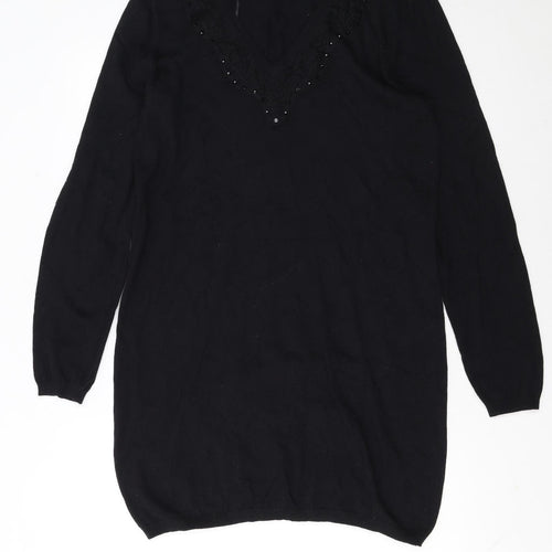 Next Women’s Black Jumper Dress Size 16 Knit V-Neck Beaded Detail