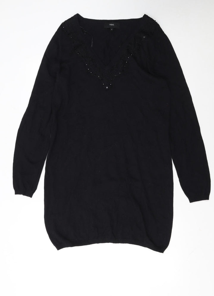 Next Women’s Black Jumper Dress Size 16 Knit V-Neck Beaded Detail