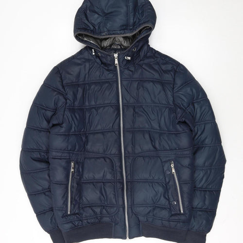 Celio Men's Blue Hooded Puffer Jacket Size M Full Zip Winter Coat