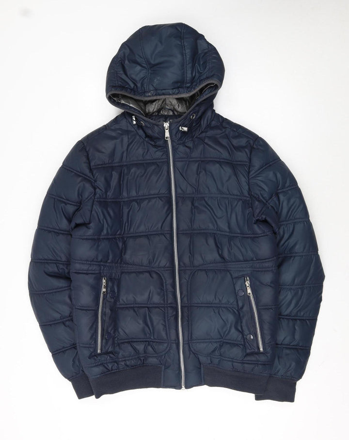Celio Men's Blue Hooded Puffer Jacket Size M Full Zip Winter Coat