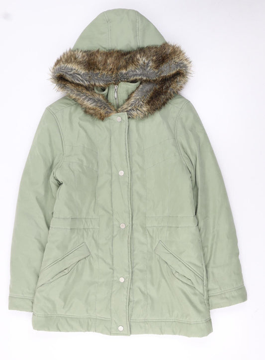 Next Women's Green Faux Fur Trim Hooded Parka Coat Size 10