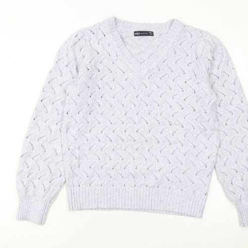 Marks and Spencer Women's White V-Neck Open-Knit Jumper Size S