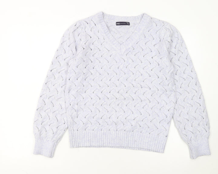 Marks and Spencer Women's White V-Neck Open-Knit Jumper Size S