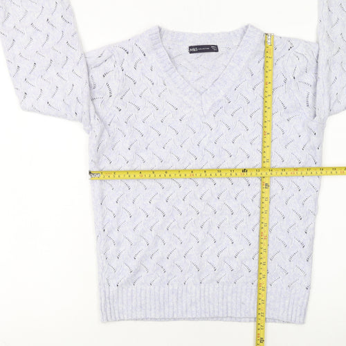 Marks and Spencer Women's White V-Neck Open-Knit Jumper Size S