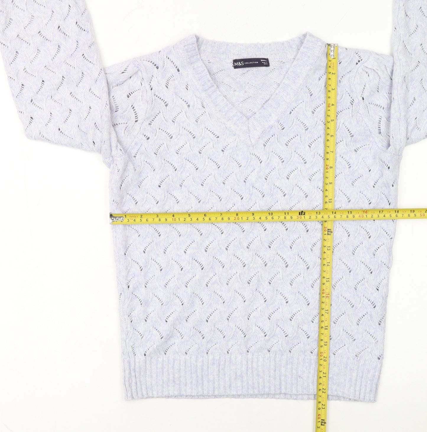 Marks and Spencer Women's White V-Neck Open-Knit Jumper Size S