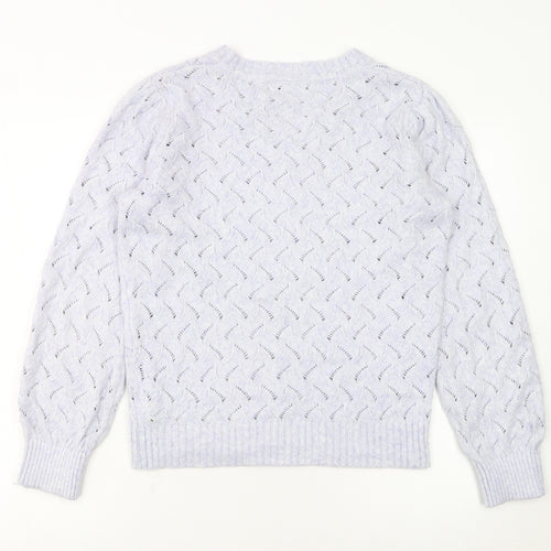 Marks and Spencer Women's White V-Neck Open-Knit Jumper Size S
