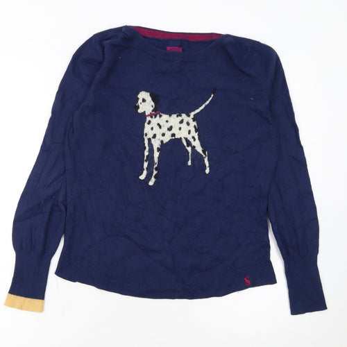 Joules Women's Blue Dog Crew Neck Wool Blend Jumper Size 14