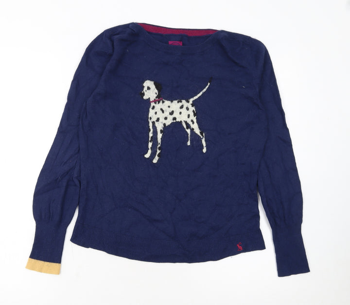 Joules Women's Blue Dog Crew Neck Wool Blend Jumper Size 14