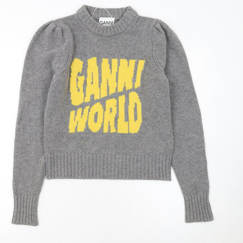 Ganni Womens Grey Wool Graphic Logo Pullover Jumper XXS